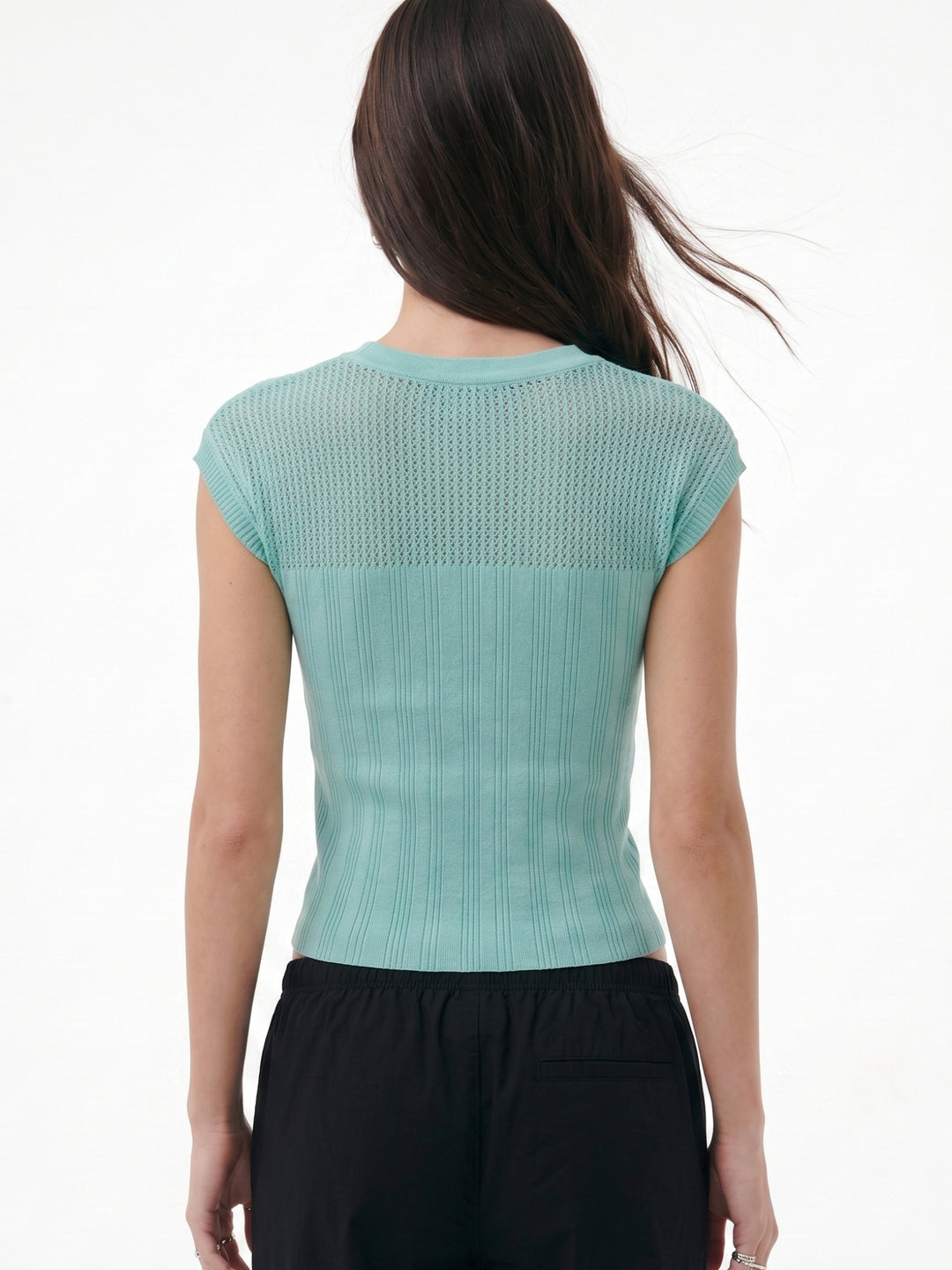 Blue Textured Neck Tie Up Detail Top