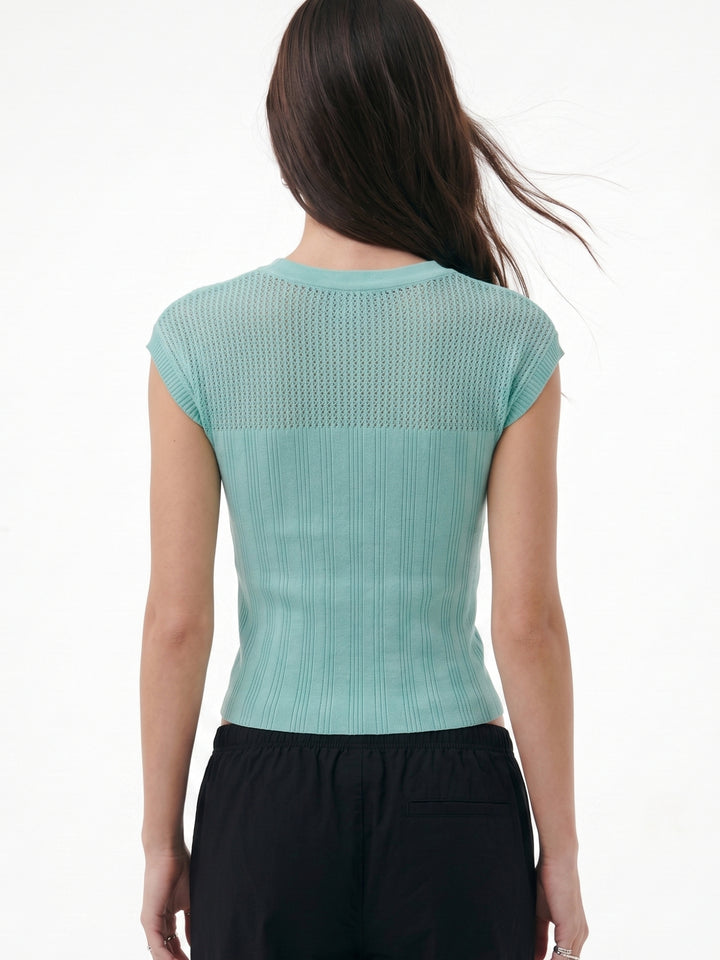 Blue Textured Neck Tie Up Detail Top