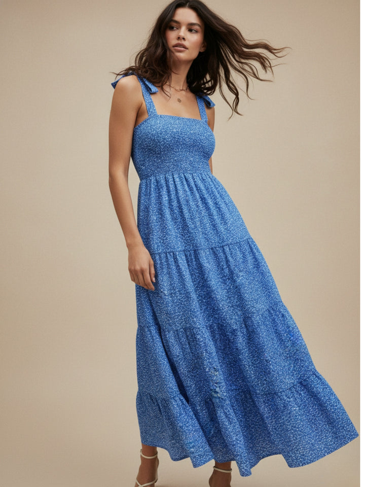 Blue Printed Tie Up Maxi Dress