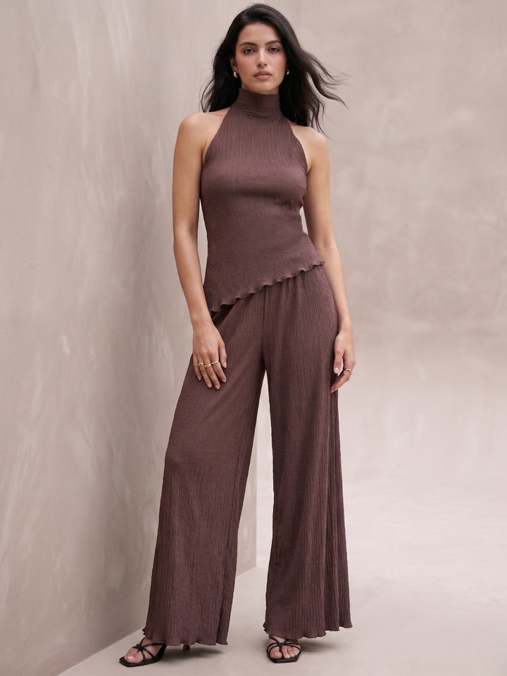 Brown Halter Neck Top And Wide-Leg Trouser Set