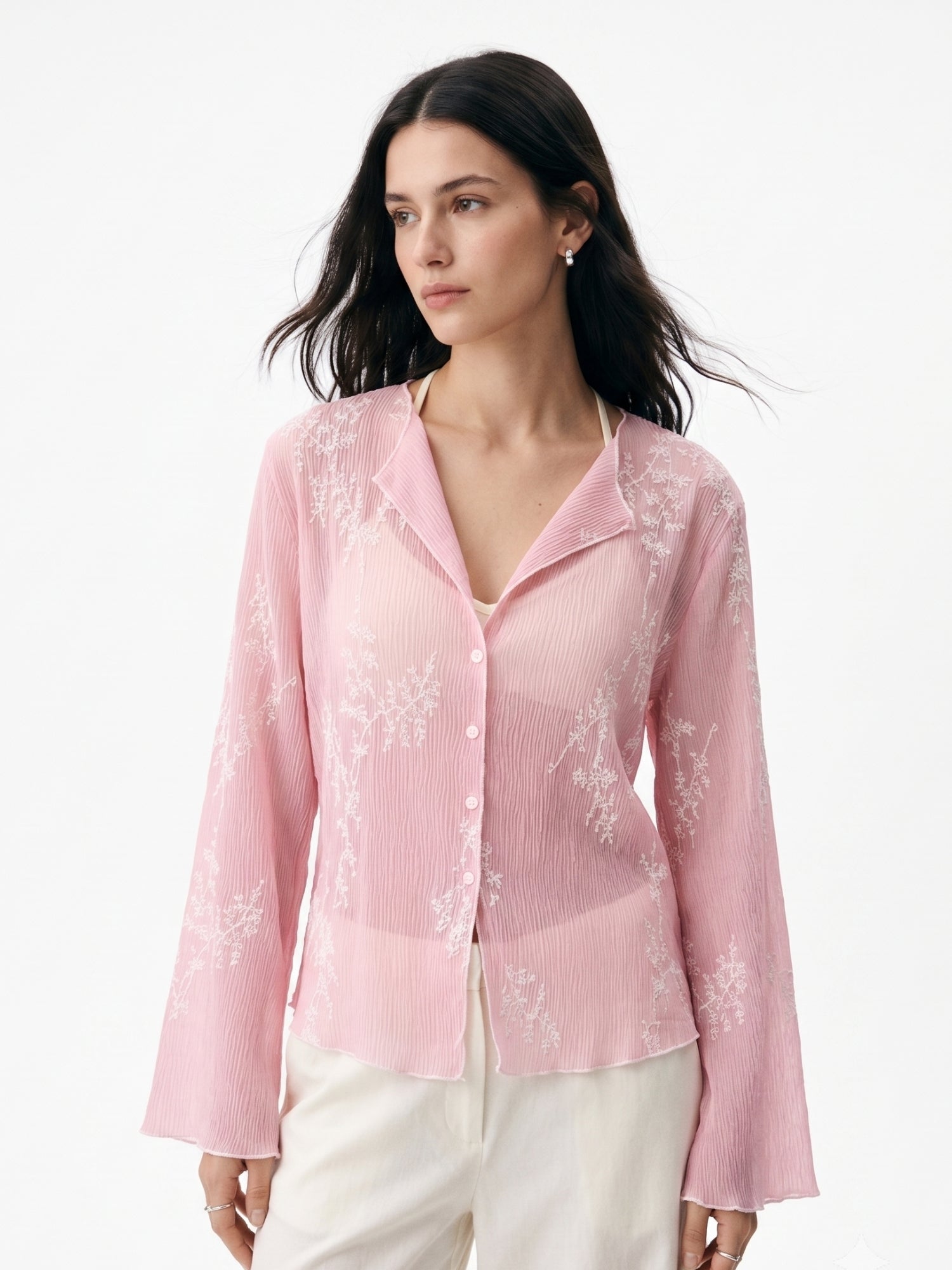 Pink Sheer Floral Lace Shirt