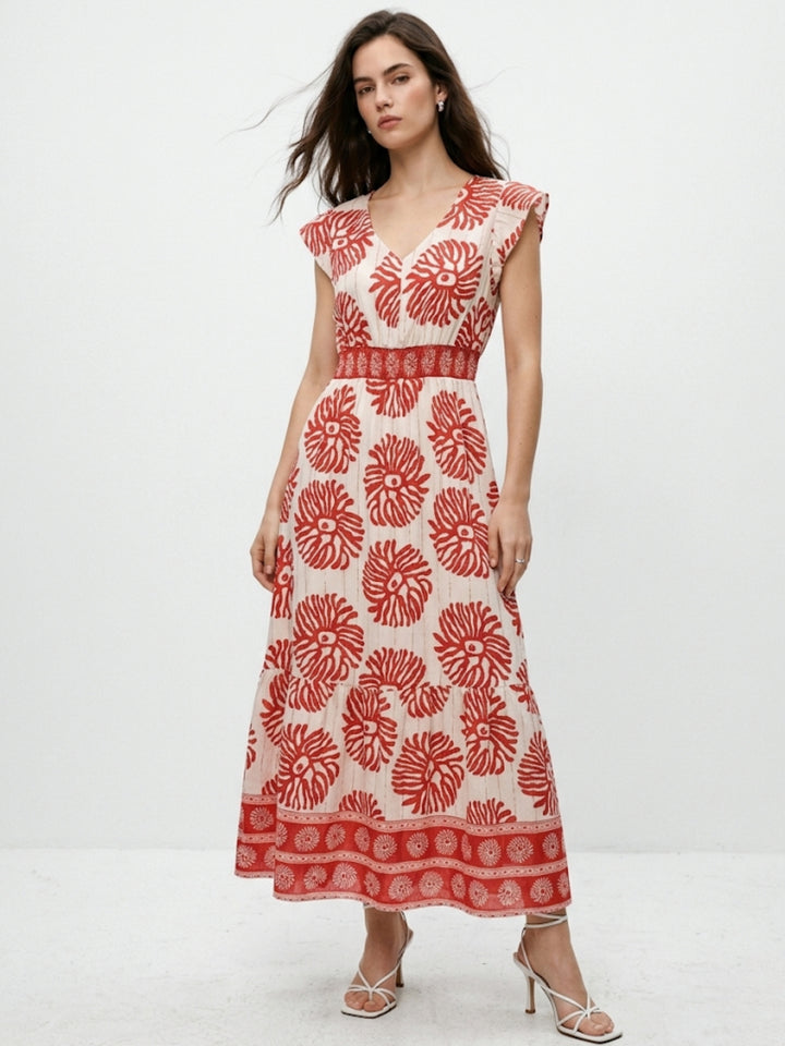 Red Flare Sleeve Printed Dress