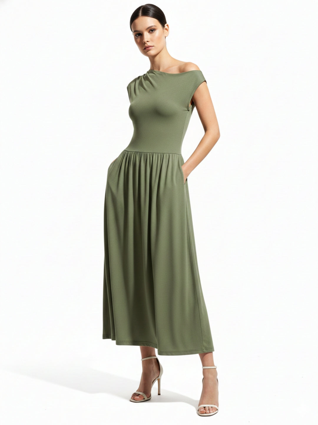 Olive Asymmetrical Neckline Flared Dress