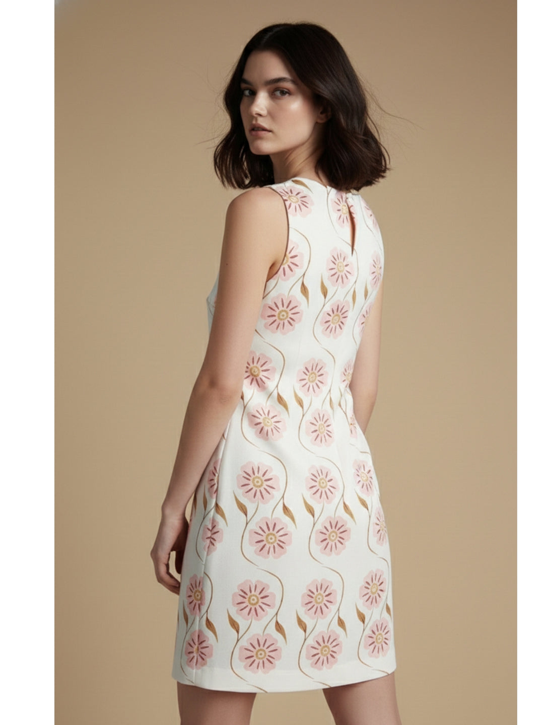Beige Floral Printed Short Dress