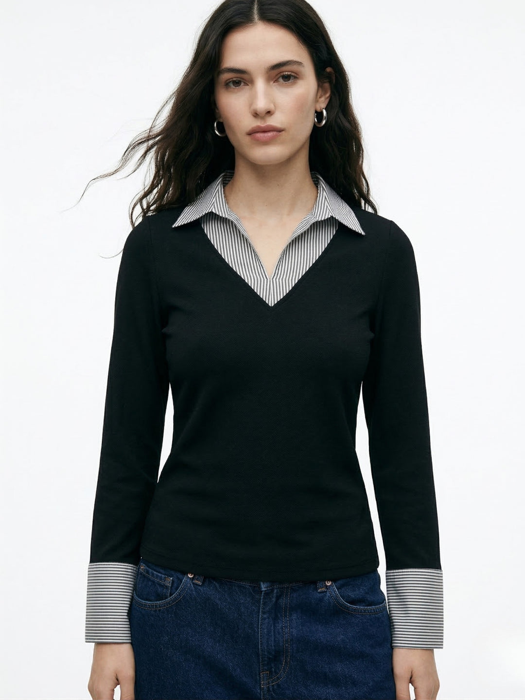 Black Full Sleeve Contrast Collar Fitted Top