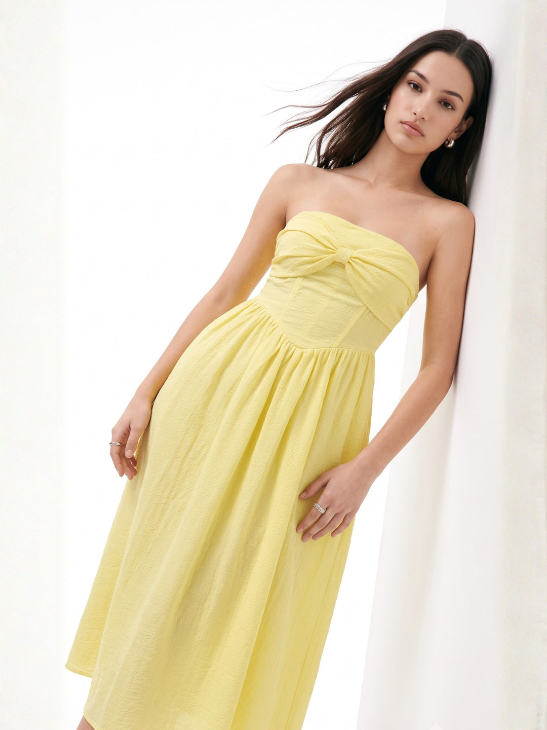 Yellow Corset Styled Dress With Top Bow Detail