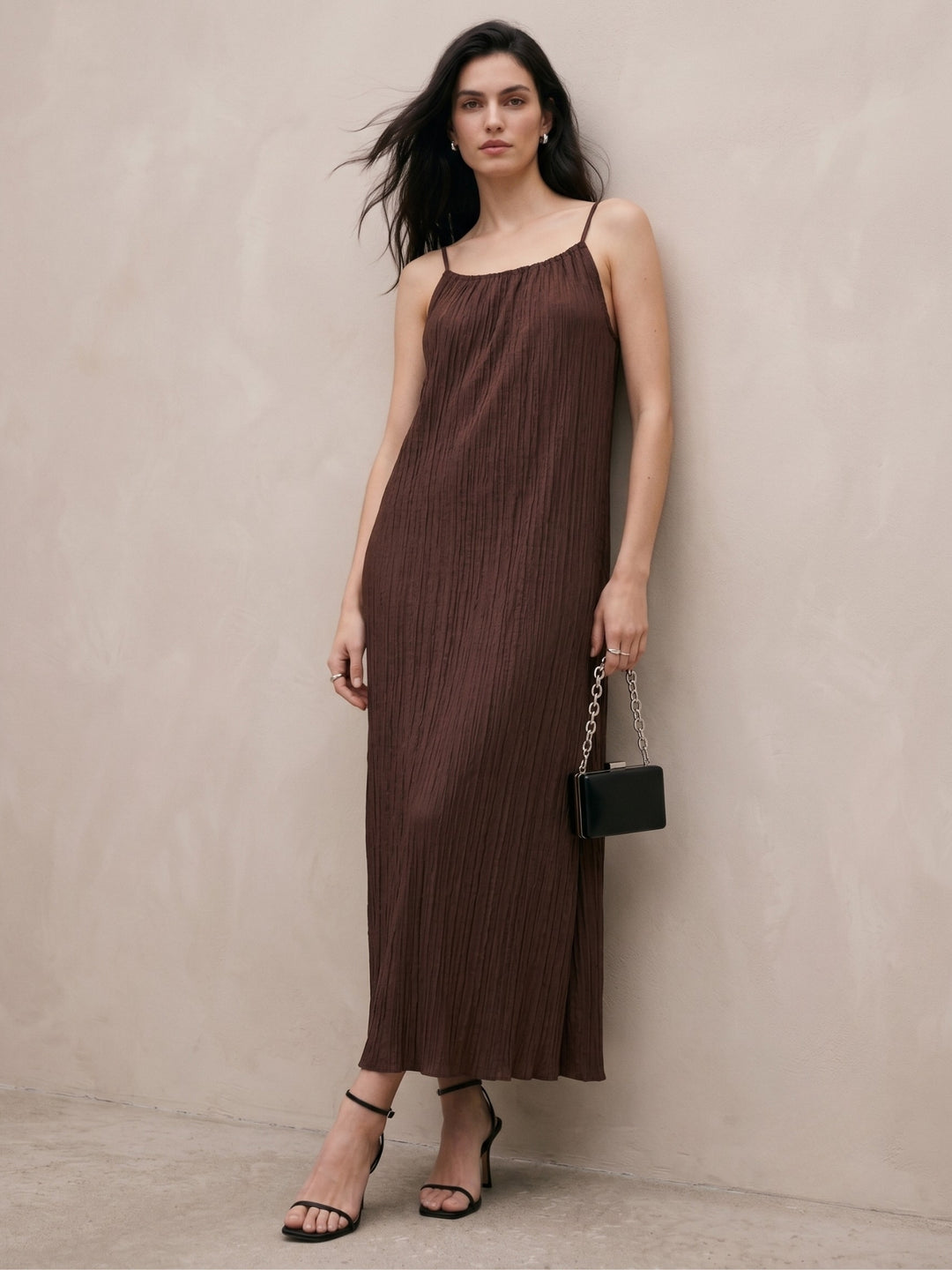 Brown Spaghetti Strap Bead Detail Dress