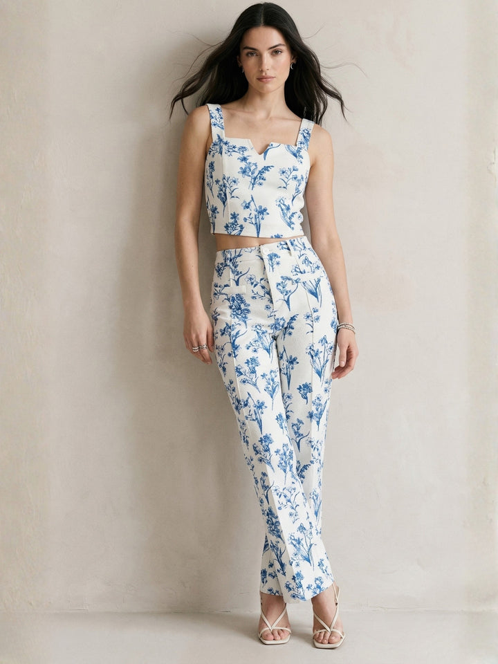 Blue Shoulder Strap Printed Top And Pant Set
