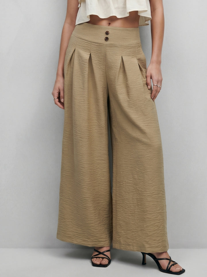 Beige Double Pleated Wide Leg Pant