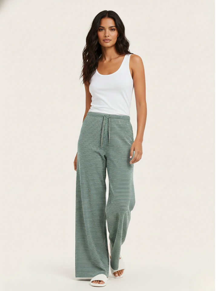 Light Blue Striped Drawstring Wide Leg Trousers