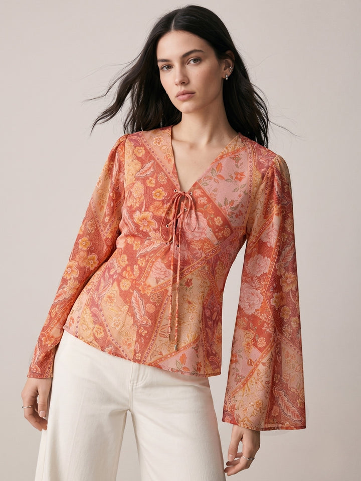 Multi Floral Print Blouse With Eye Let Details At Front