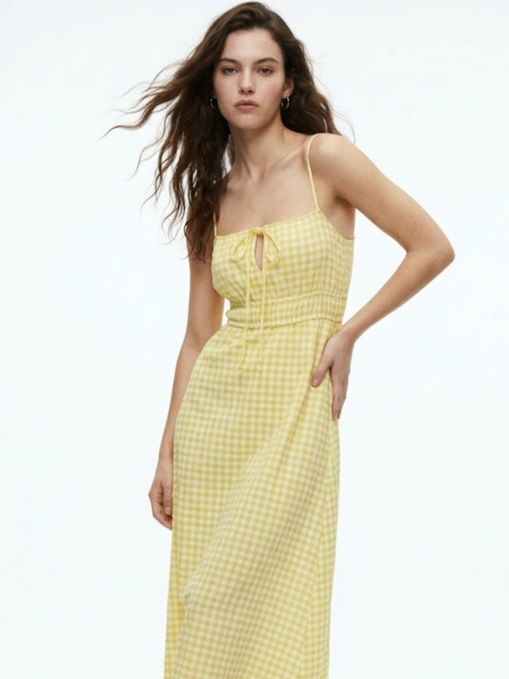 Yellow Spaghetti Strap Checkered Dress