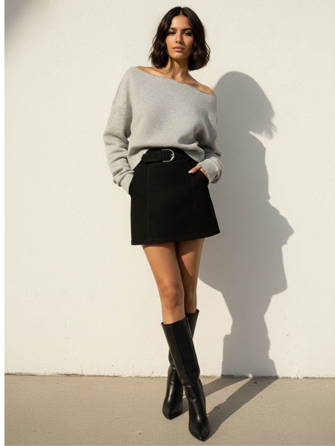 Grey Full sleeve boat neck sweatshirt