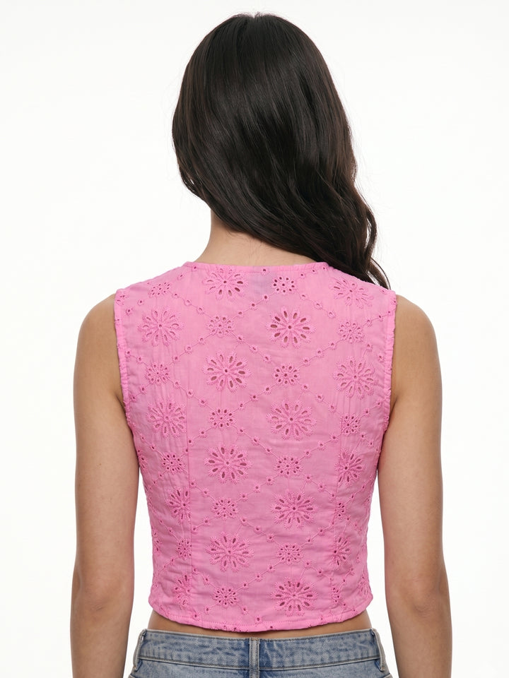 Pink Sleeveless Schiffli Top