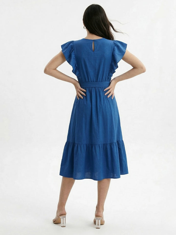 Blue Ruffle  Sleeve Tiered Dress