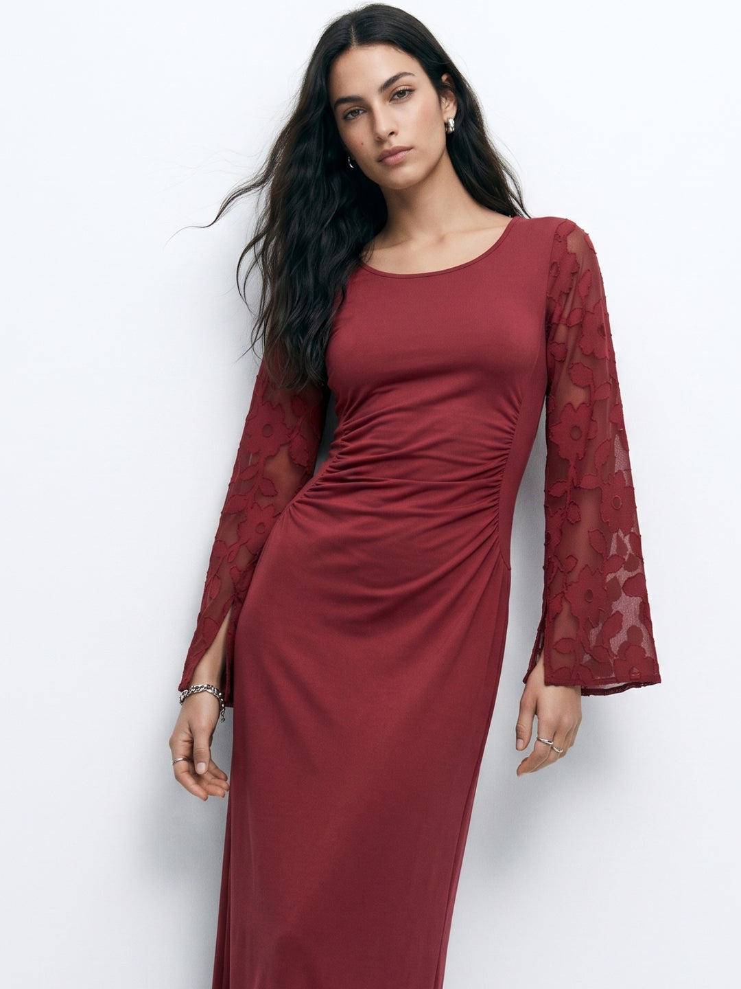 Maroon Bell Sleeve Scoop Neck Lace Detail Dress