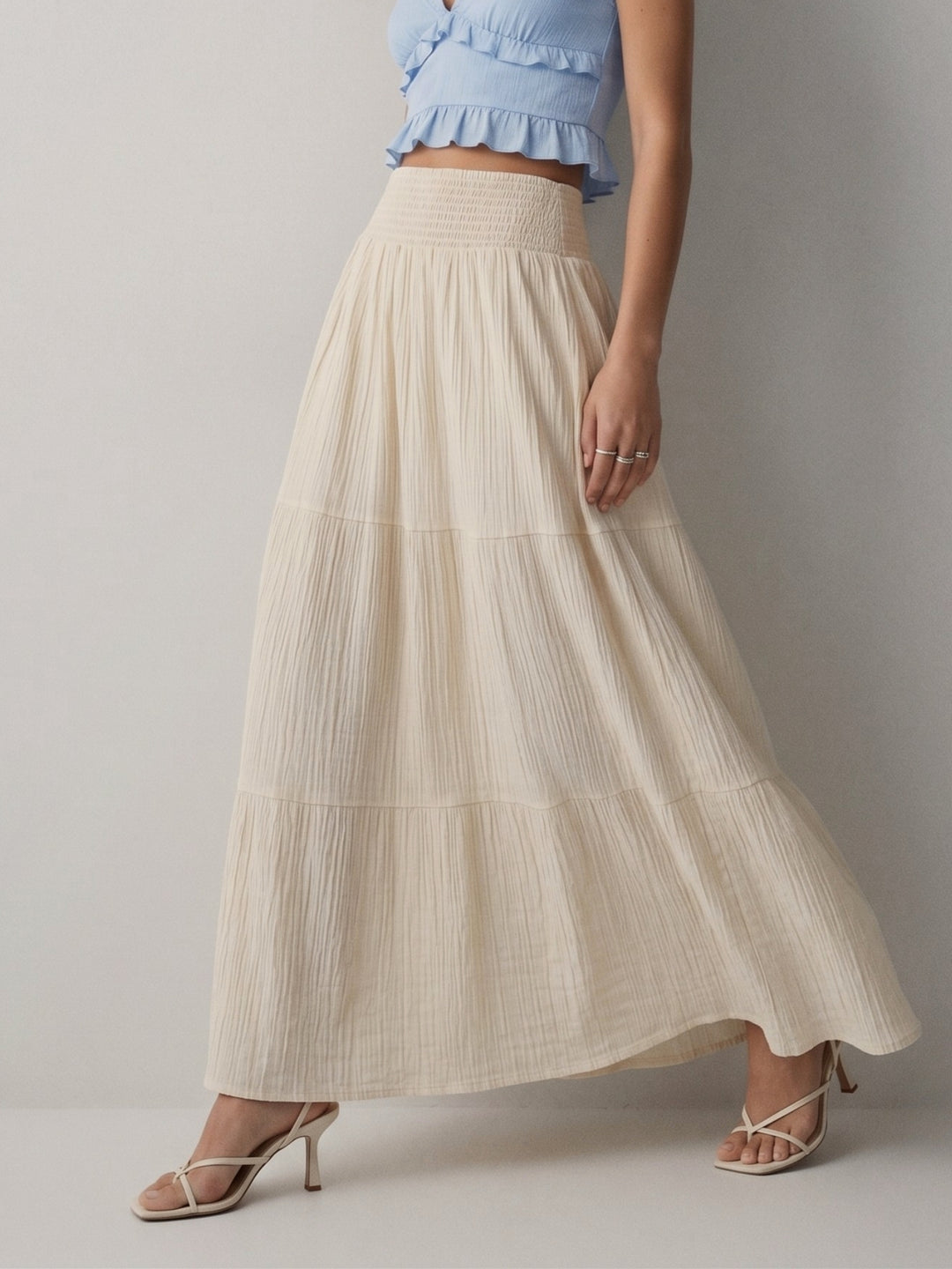 Cream High Waist Tiered Skirt
