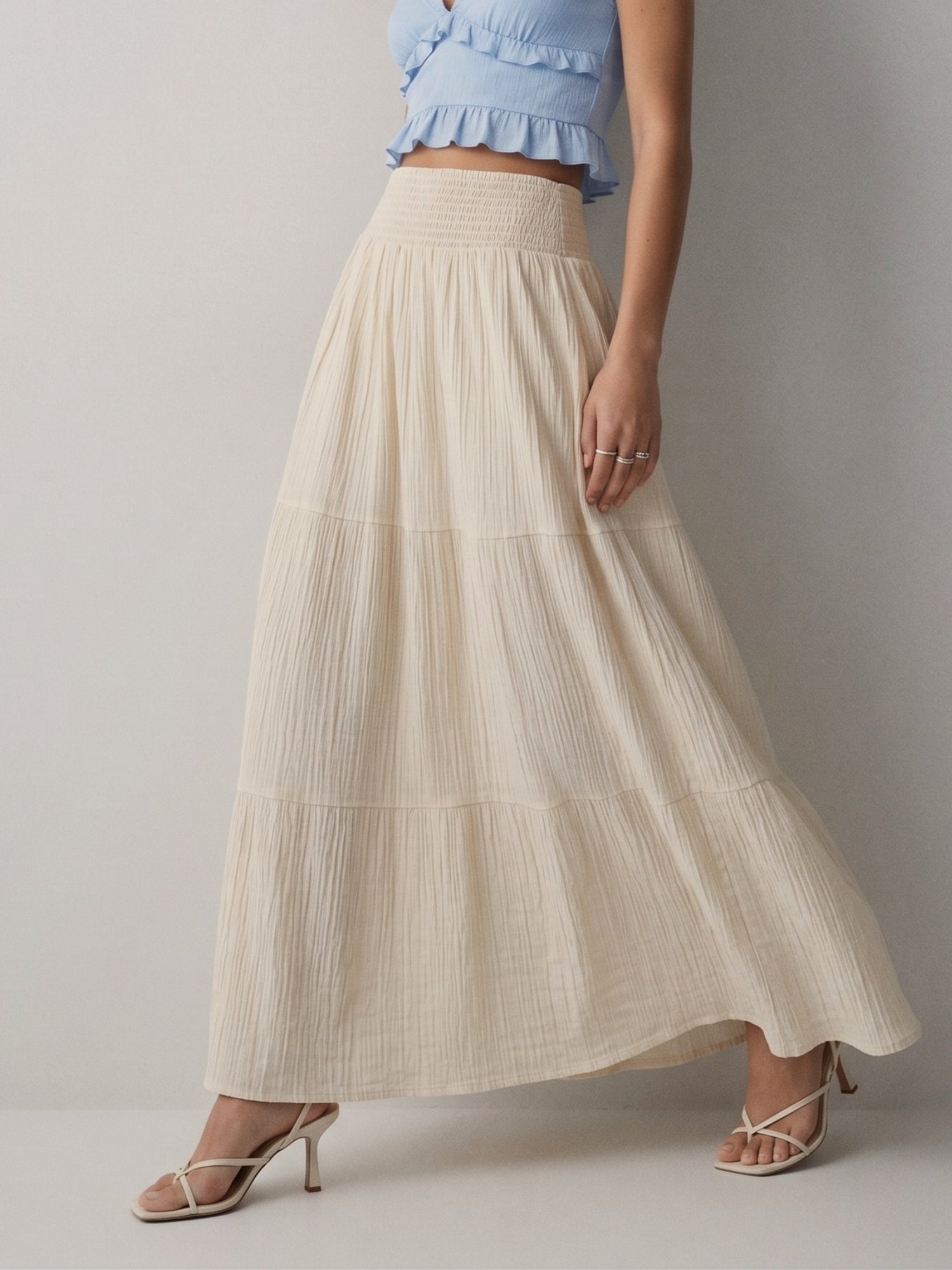 Cream High Waist Tiered Skirt