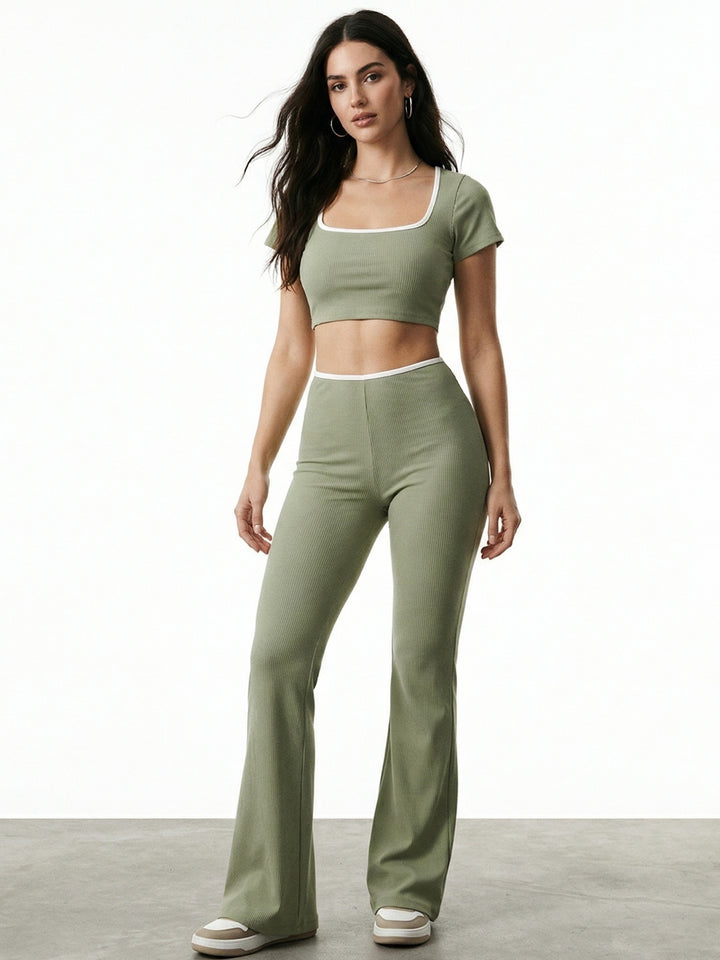 Green Short Sleeve Top And Trouser Set
