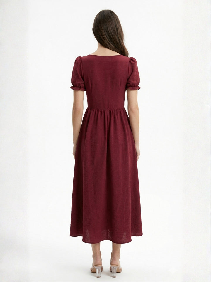 Burgundy Square Neck Dress With Cinched Waist