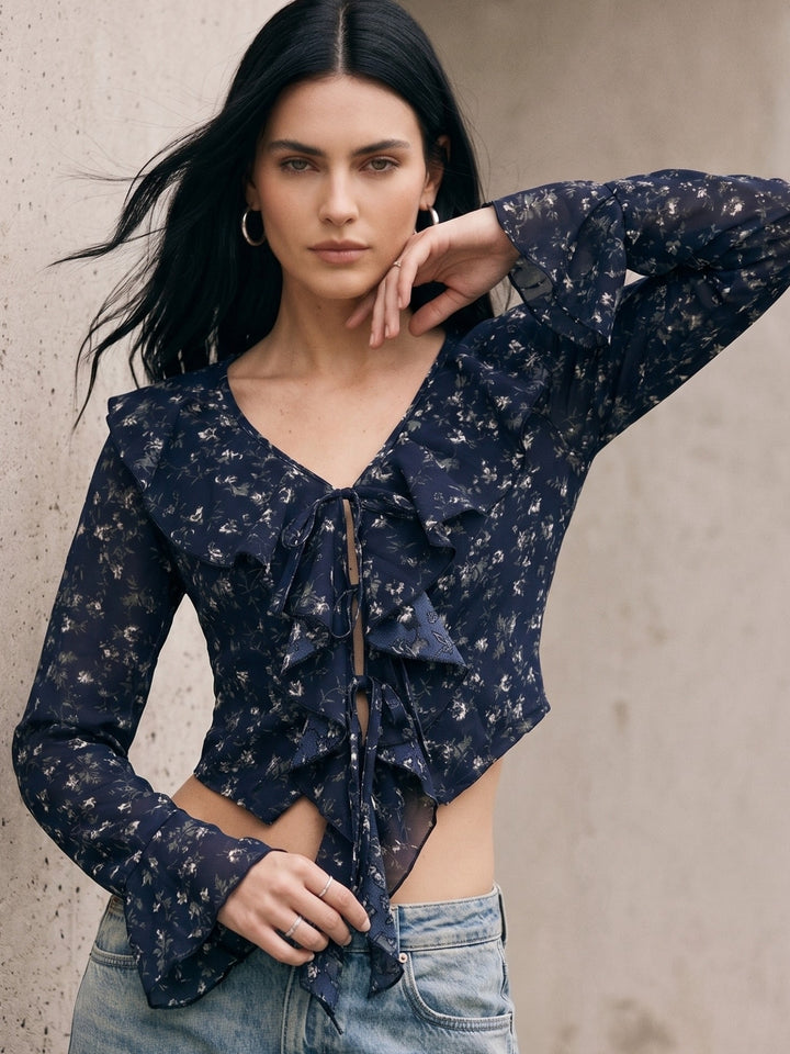 Navy Blue Printed Ruffled Neck Blouse