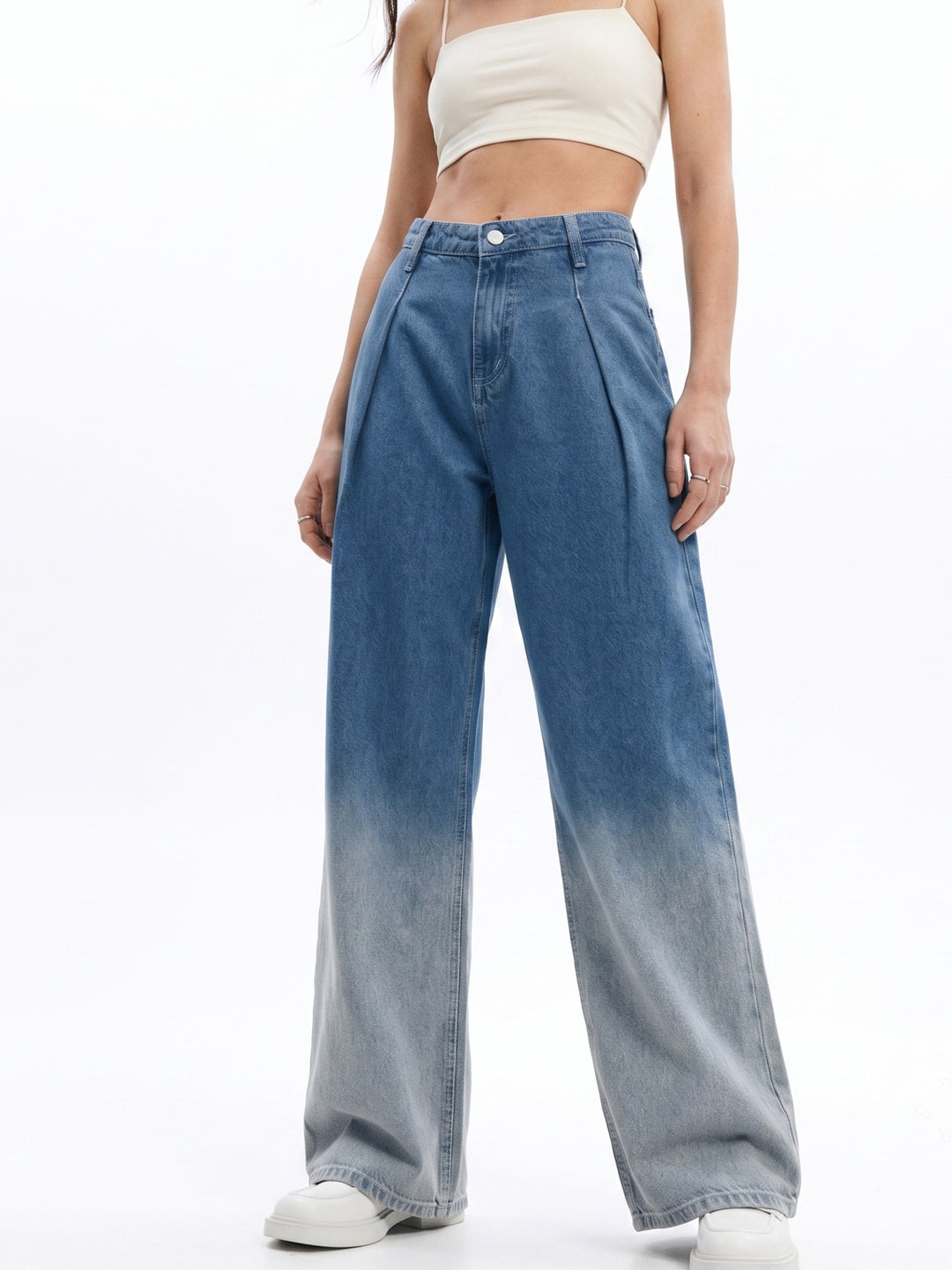 Light Blue High-Rise Light Blue Pleated Wide Leg Jeans