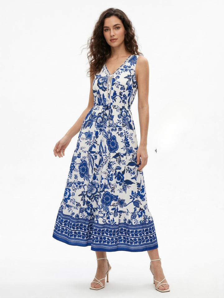 Blue V Neck Printed Dress
