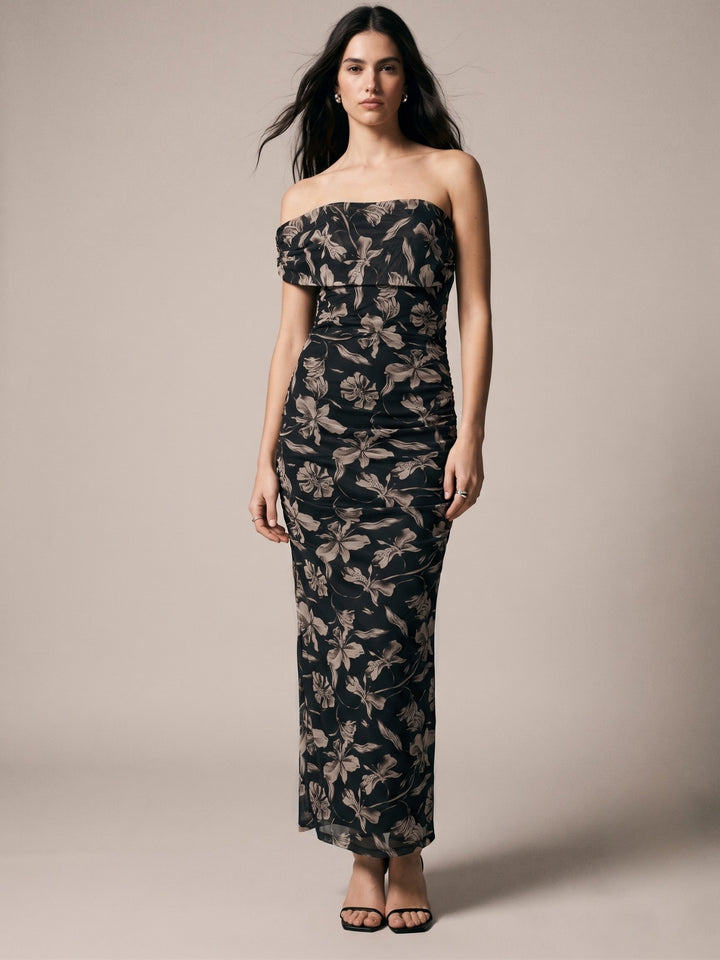 Beige Floral Print One-Shoulder Maxi Dress