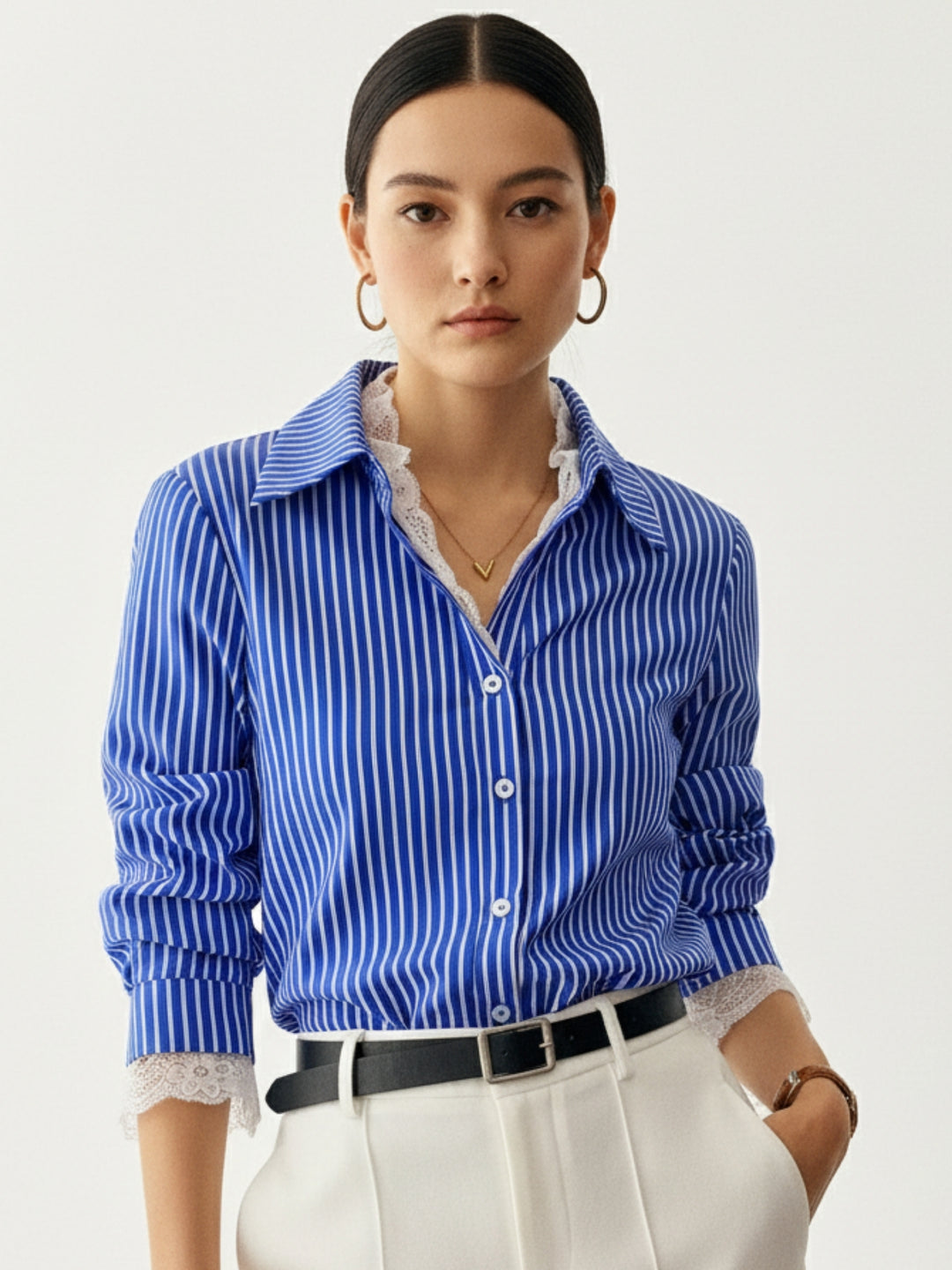 Blue Striped Shirt With Lace Inserts At Neck And Sleeves