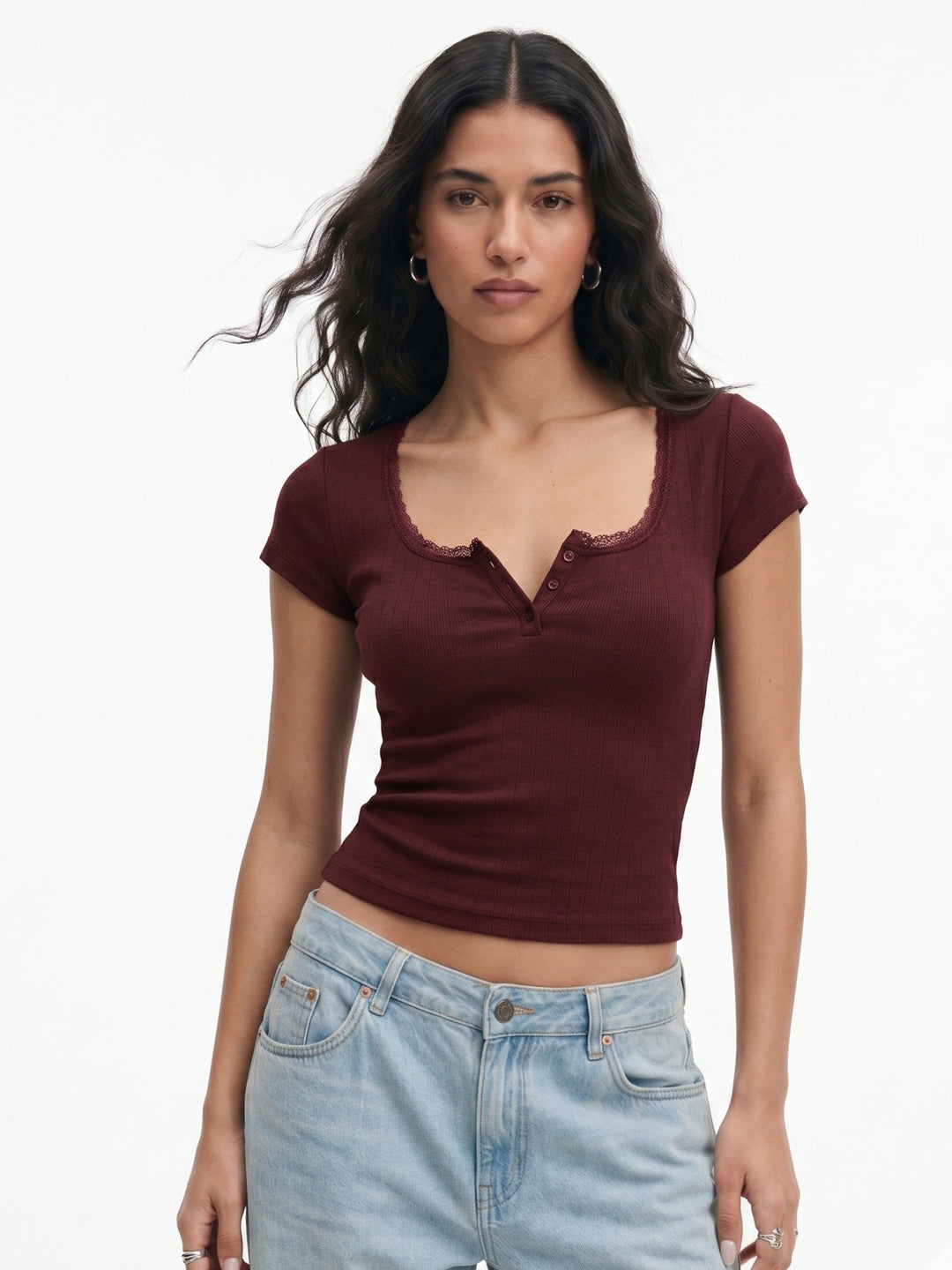 Red Half Sleeved Scoop Neck Top