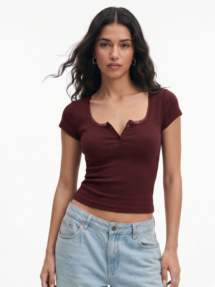 Red Half Sleeved Scoop Neck Top