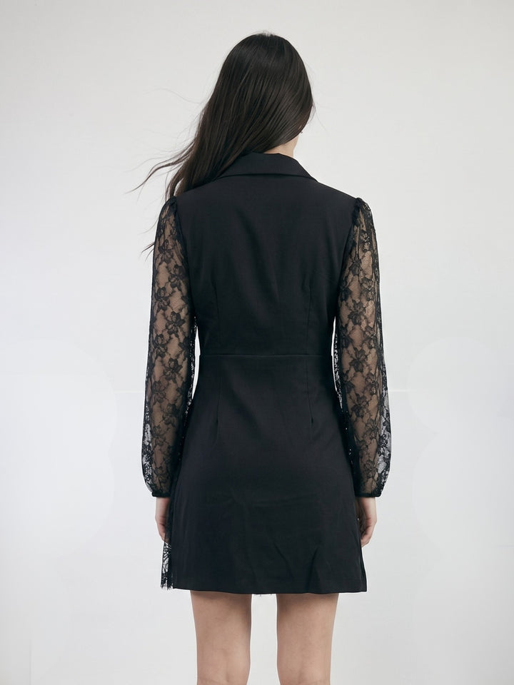 Black Collared Lapel Blazer Dress With Lace Insers