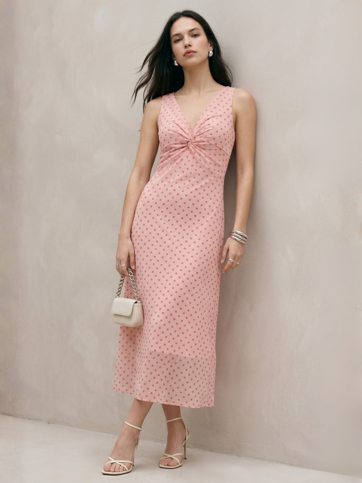 Pink Front Twisted Mesh Polka Printed Dress
