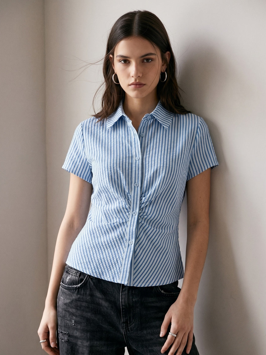 Blue Fitted Button Down Striped Shirt