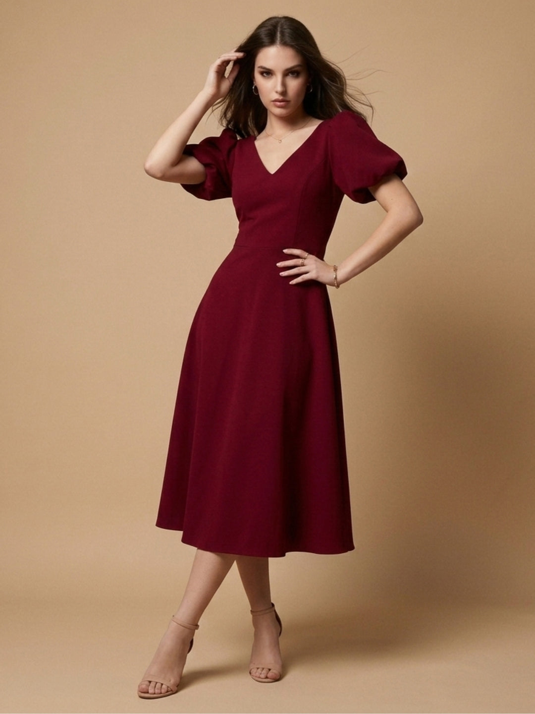 Red V Neck Flared Sleeve Dress