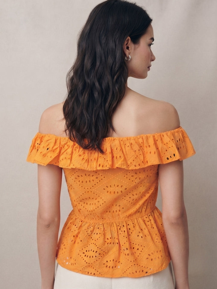 Orange Offshoulder Schiffli Blouse