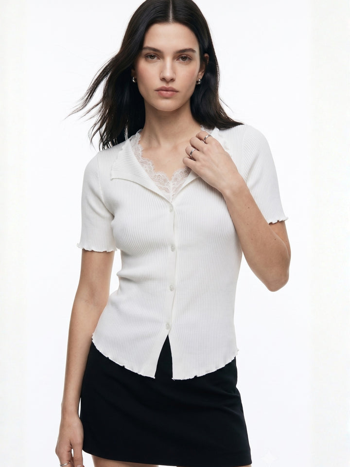 White Collared V Notch Top With Lace Inserts