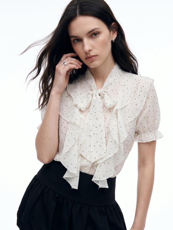 Off White Bow Tie-Up Polka Printed Top
