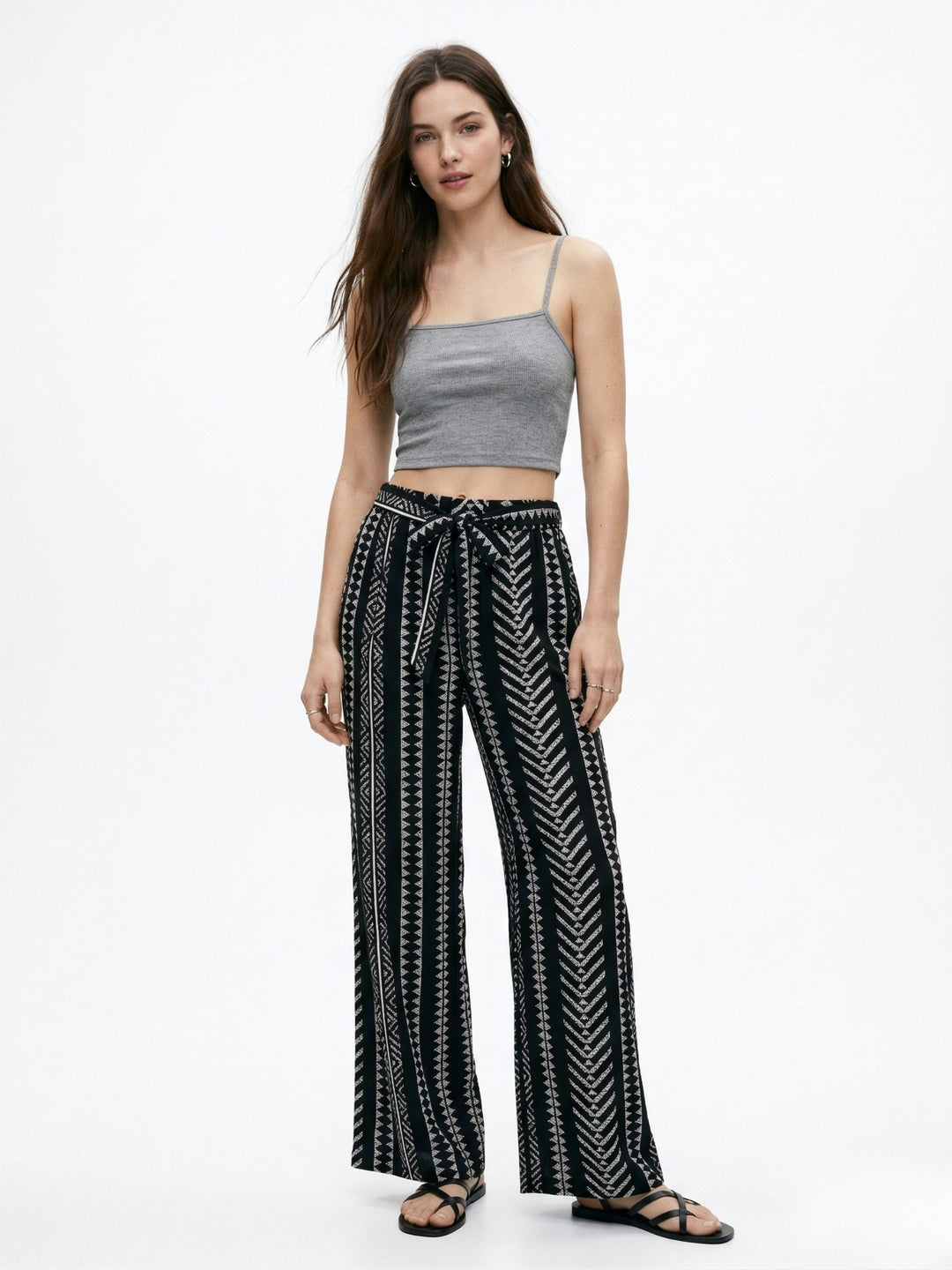 Black Waist Tie-Up Printed Pant