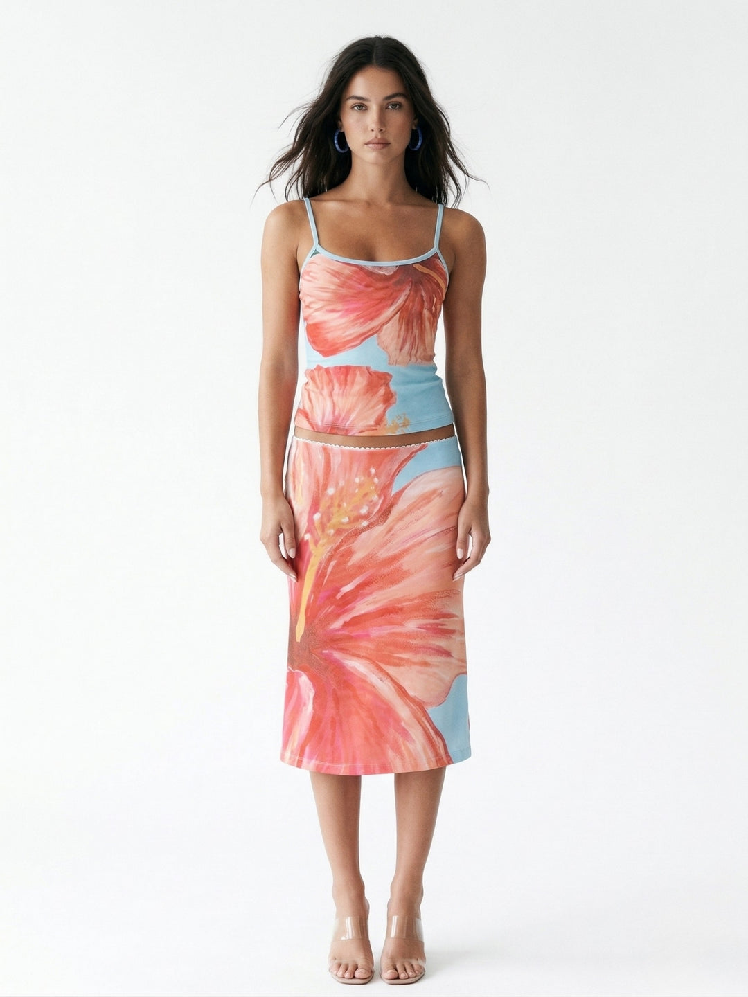 Multi Spaghetti Strap Floral Printed Top And Skirt Set