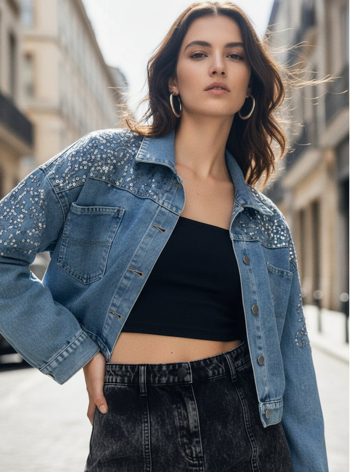Light Blue Sequined Denim Jacket