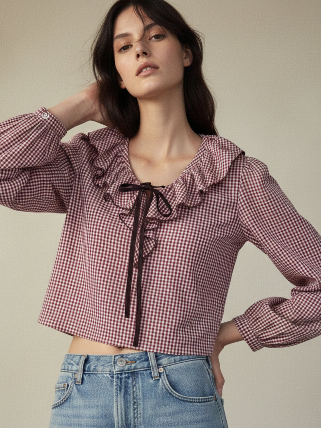 Pink Ruffle Neckline Checkered Top