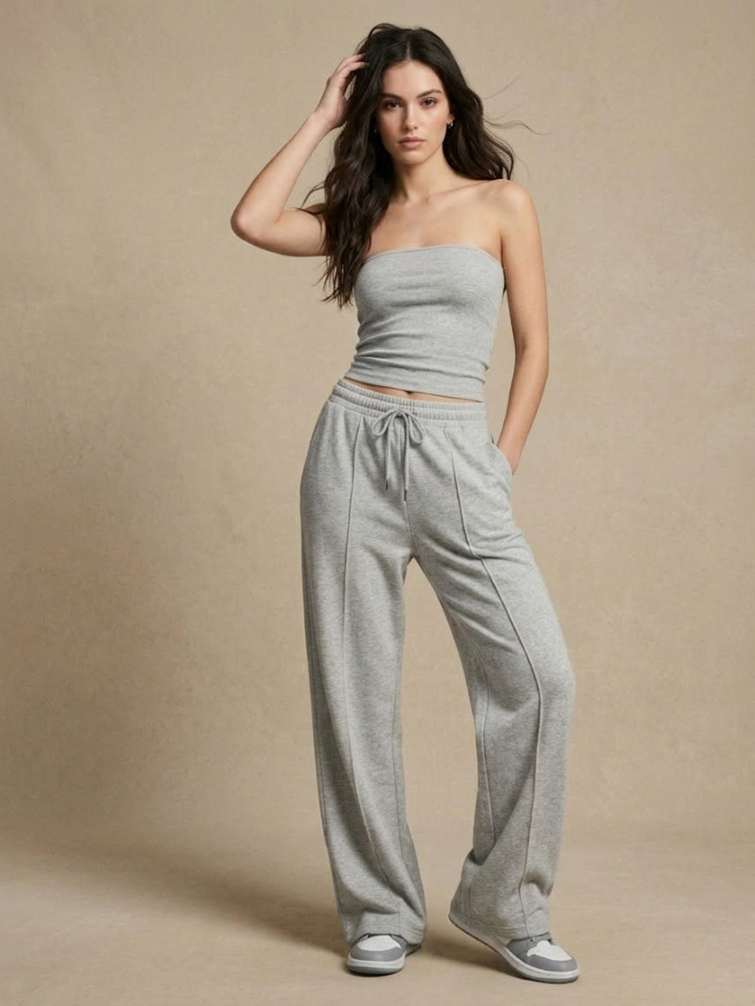 Grey Tube Top With Sweatpants Co-Ord Set