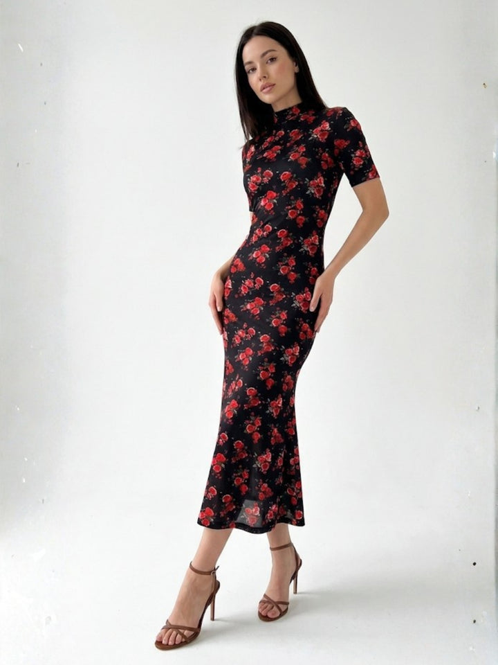 Black Short Sleeve Mock Neck Printed Dress
