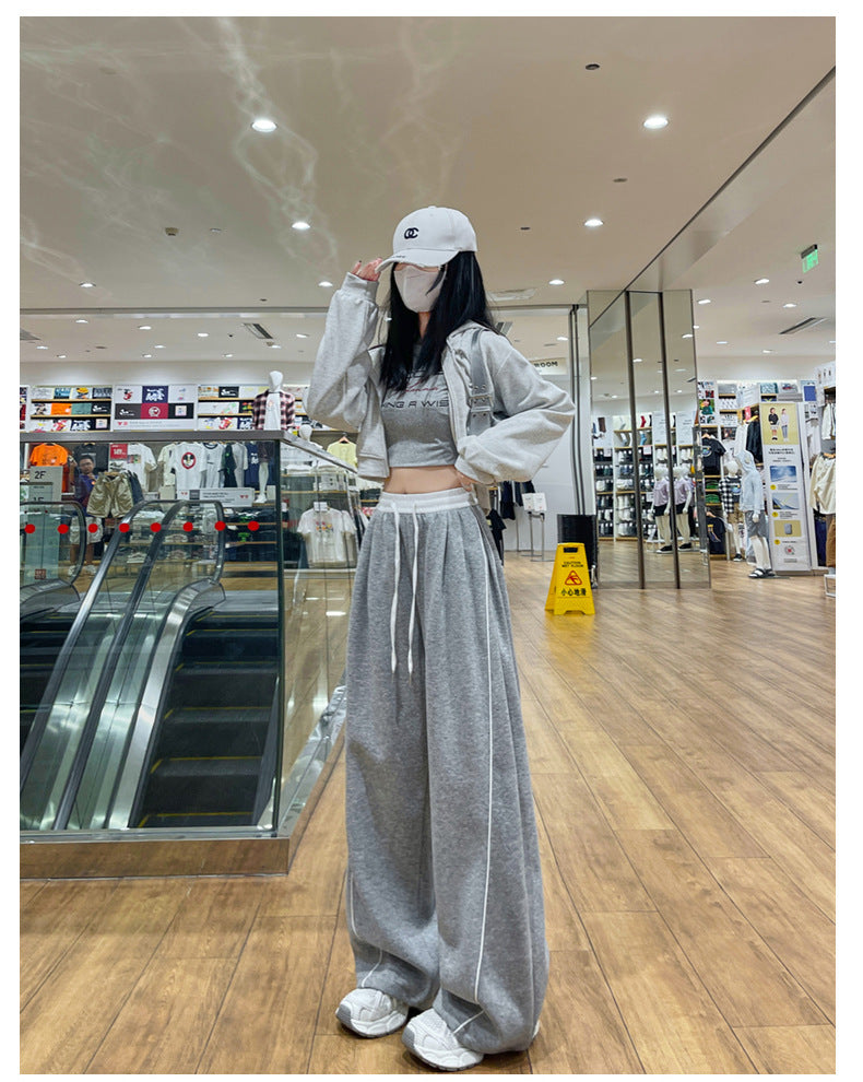 Grey High Waist Contrast Band Baggy Pant