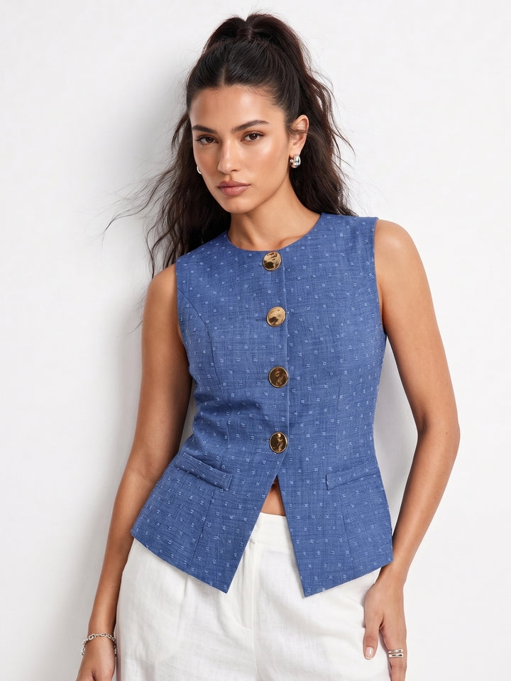 Blue Stylized Botton Printed Vest