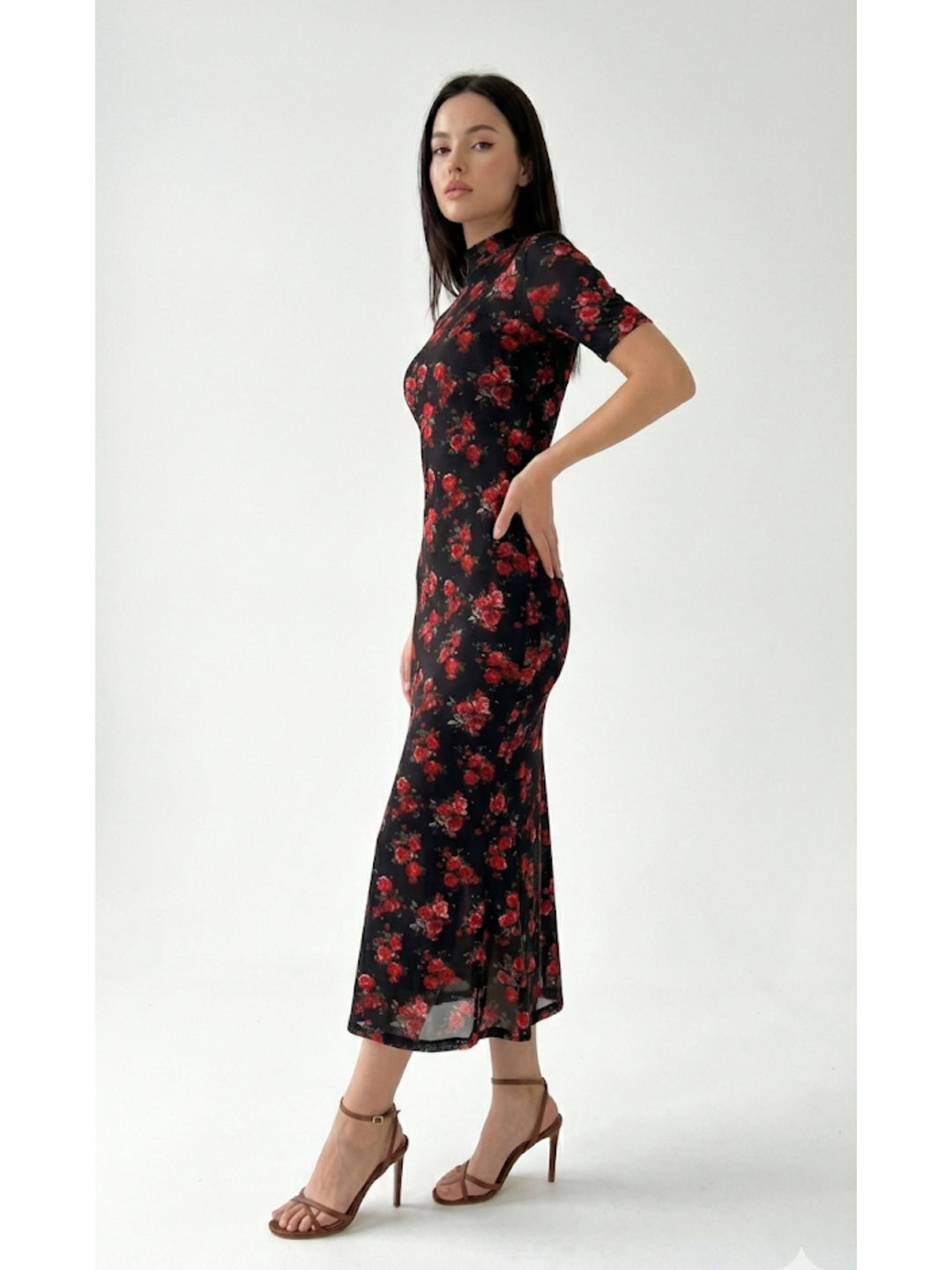 Black Short Sleeve Mock Neck Printed Dress