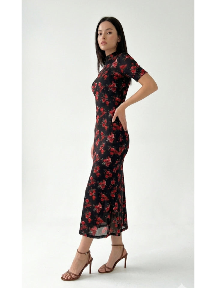 Black Short Sleeve Mock Neck Printed Dress