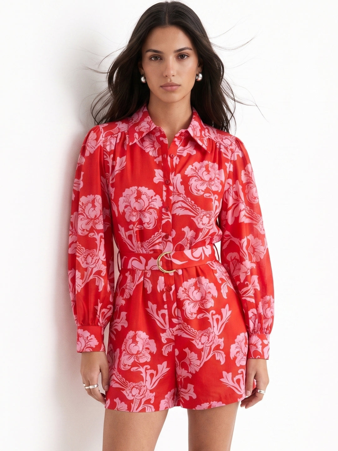 Pink Balloon Sleeve Collared Neck Printed Playsuits