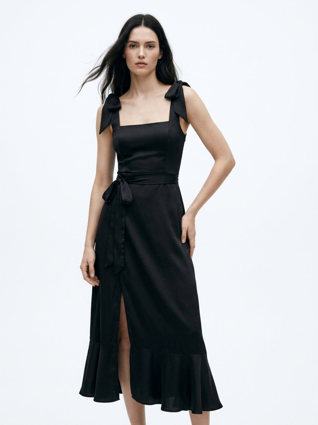 Black Shoulder Tie-Up Flare Dress